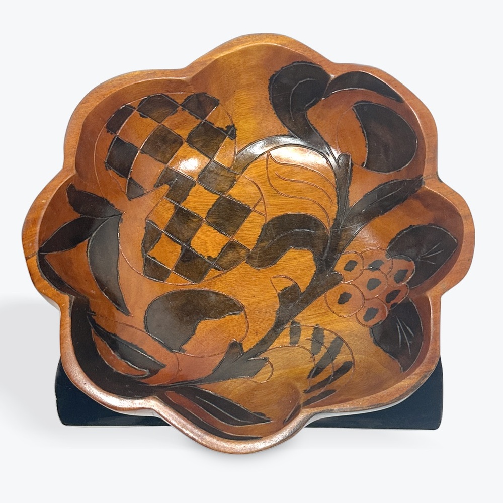 VINTAGE Hand Carved Floral Shaped Wooden Serving Bowl Pineapple and Floral Motif